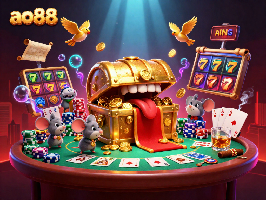 Experience fun at ao88 with an adventurous treasure chest and vibrant casino gaming elements.