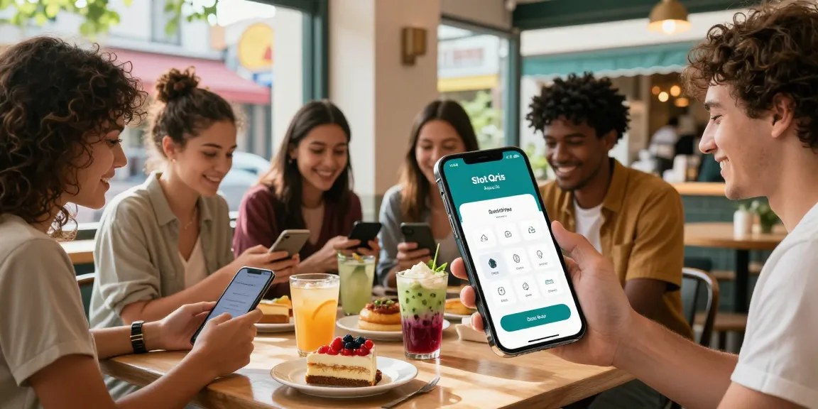 Group enjoying cafe moment using slot qris for seamless payments.