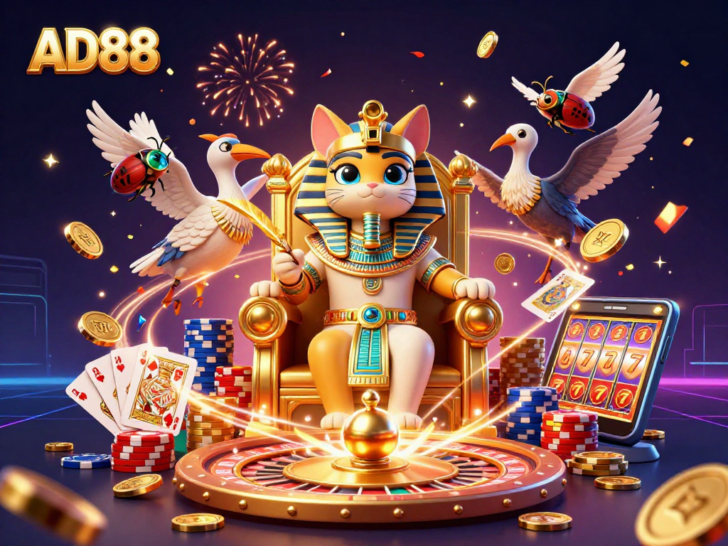 Join the fun at AD88 with a cartoon Egyptian pharaoh cat surrounded by casino elements!