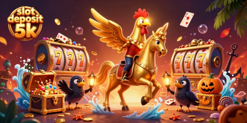 Engage with the slot deposit 5k experience featuring a golden rooster and exciting casino elements in a vibrant setting.