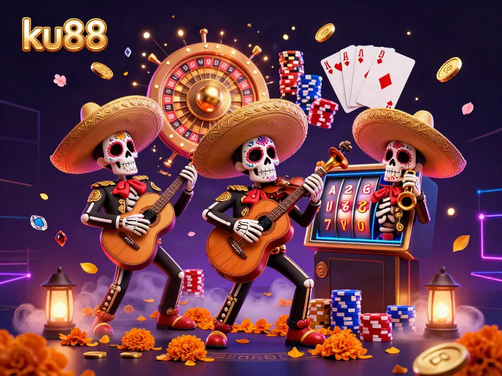 Experience thrilling gaming action at ku88 with colorful skeleton mariachis amidst casinos.