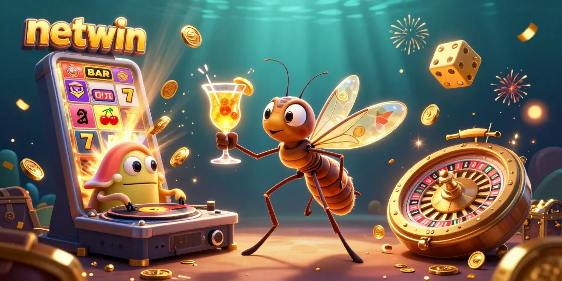 Join the fun at Netwin as a frozen mosquito mascot enjoys a cocktail alongside casino-themed fossils.