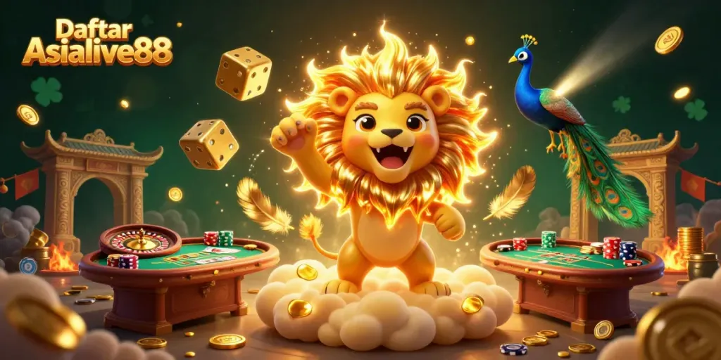 Engage with Daftar Asialive88, featuring a vibrant casino scene with a lion, dice, and gaming tables.