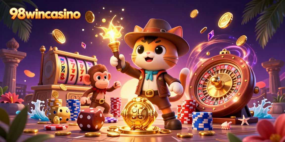 Engaging scene from 98wincasino showcasing treasure hunting with a cat archaeologist and slots.