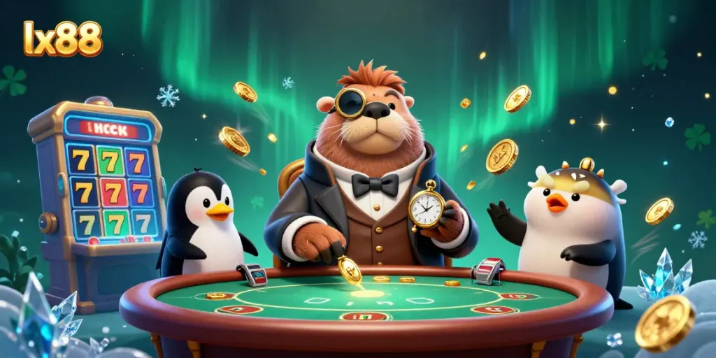 Experience thrilling gameplay at lx88 with a whimsical casino scene featuring players and dynamic rewards.
