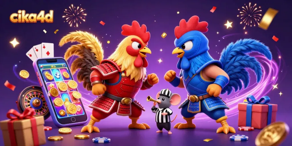 Engage with thrilling cika4d action as vibrant fighting roosters clash amid casino-themed chaos.