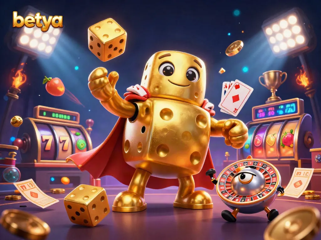 Experience the excitement of betya with a vibrant 3D casino scene featuring golden dice and spinning slots.