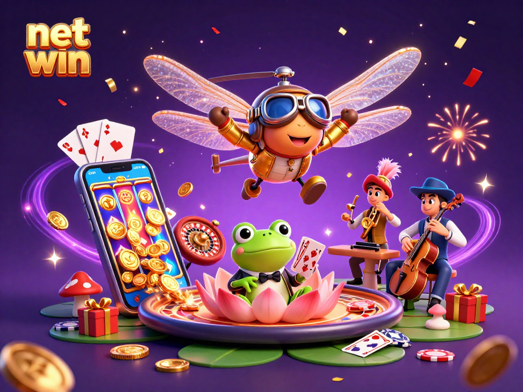 Experience the thrilling net win excitement with vibrant casino characters and dynamic gaming elements in this captivating illustration.