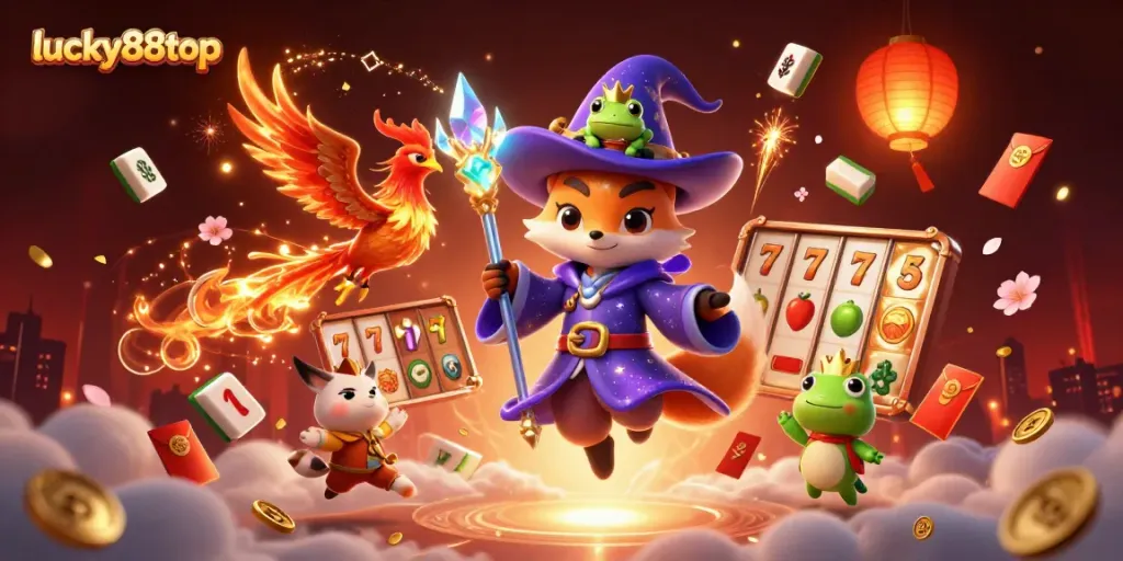 Engage with lucky88top's thrilling 3D cartoon depiction of a wizard fox, phoenix, and crown frog amidst vibrant casino elements.