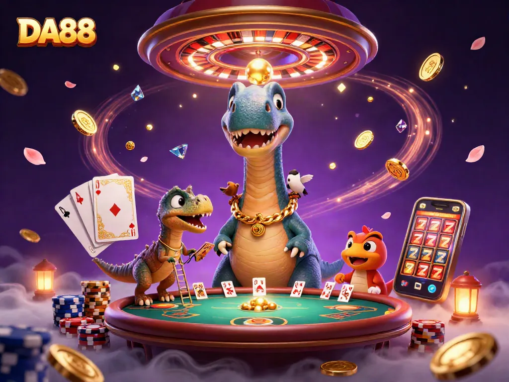 Experience DA88 excitement with a colorful casino scene featuring animated dinosaurs and vibrant game elements.