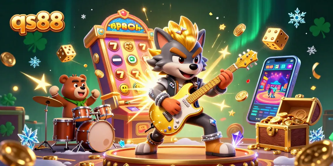 Experience the thrill of qs88 with a vibrant casino showdown featuring a wolf rock star and a drummer bear.