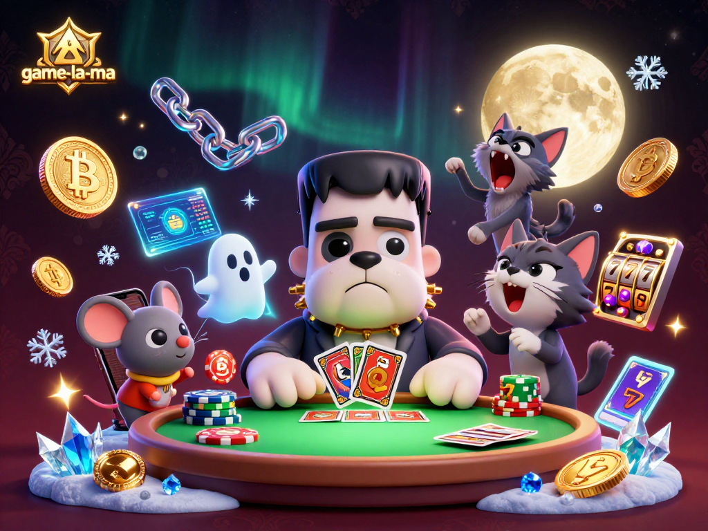 Play winning cards with game-la-ma in a spooky casino scene featuring fun characters and crypto coins.