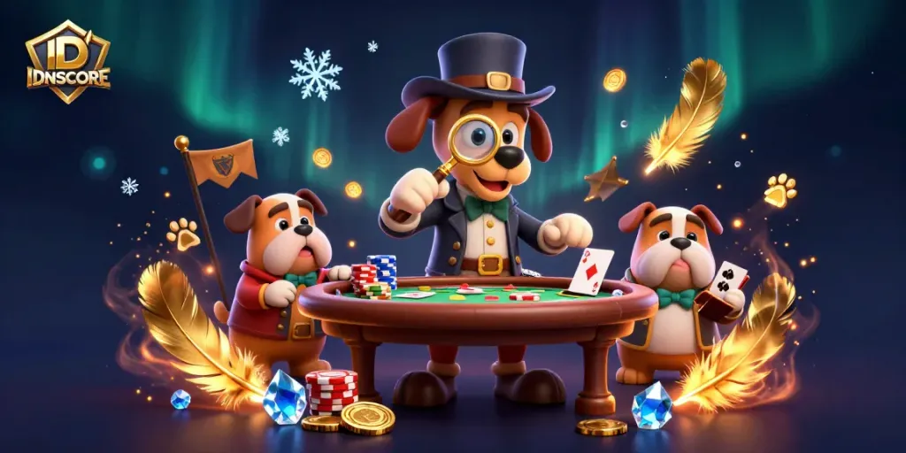 Engage in IDNSCORE poker with our cartoon detective uncovering golden clues and treasures.