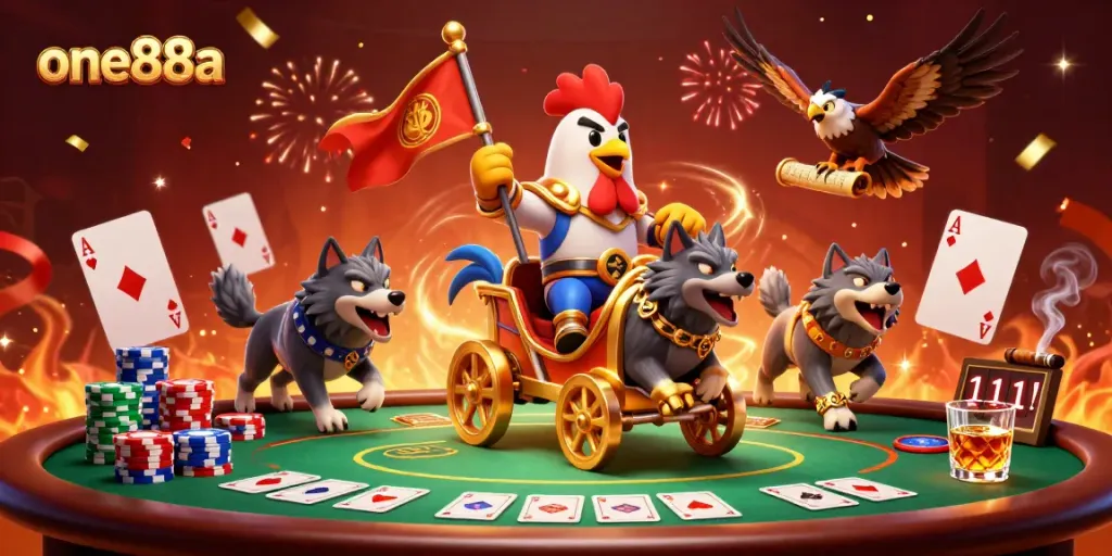 One88a showcases a dynamic casino scene with vibrant poker elements and a heroic rooster warlord.