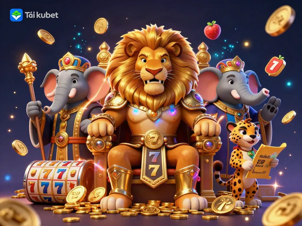 Experience Tải kubet through a vibrant 3D scene with a lion king, elephant advisor, and cheetah messenger immersed in casino elements.