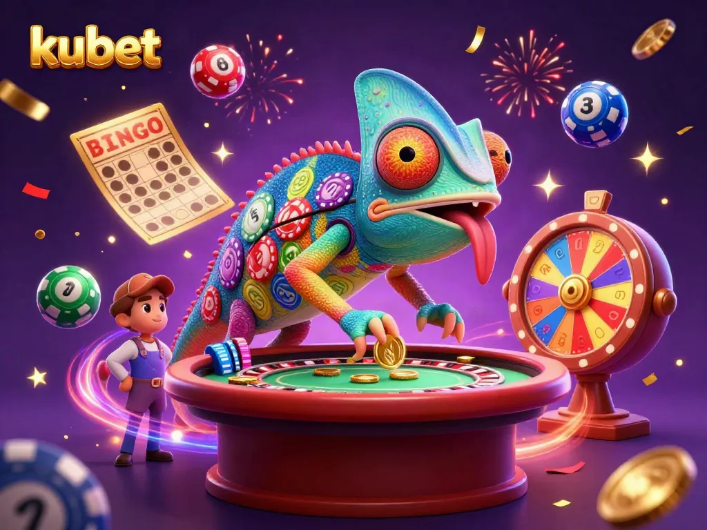 Kubet chameleon casino owner dynamic scene with lottery balls and fireworks illustrating excitement in gaming.