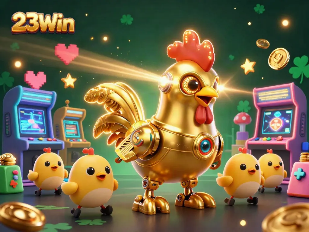Engage with 23Win's exciting gaming scene featuring a dynamic golden rooster robot and baby chick drones.
