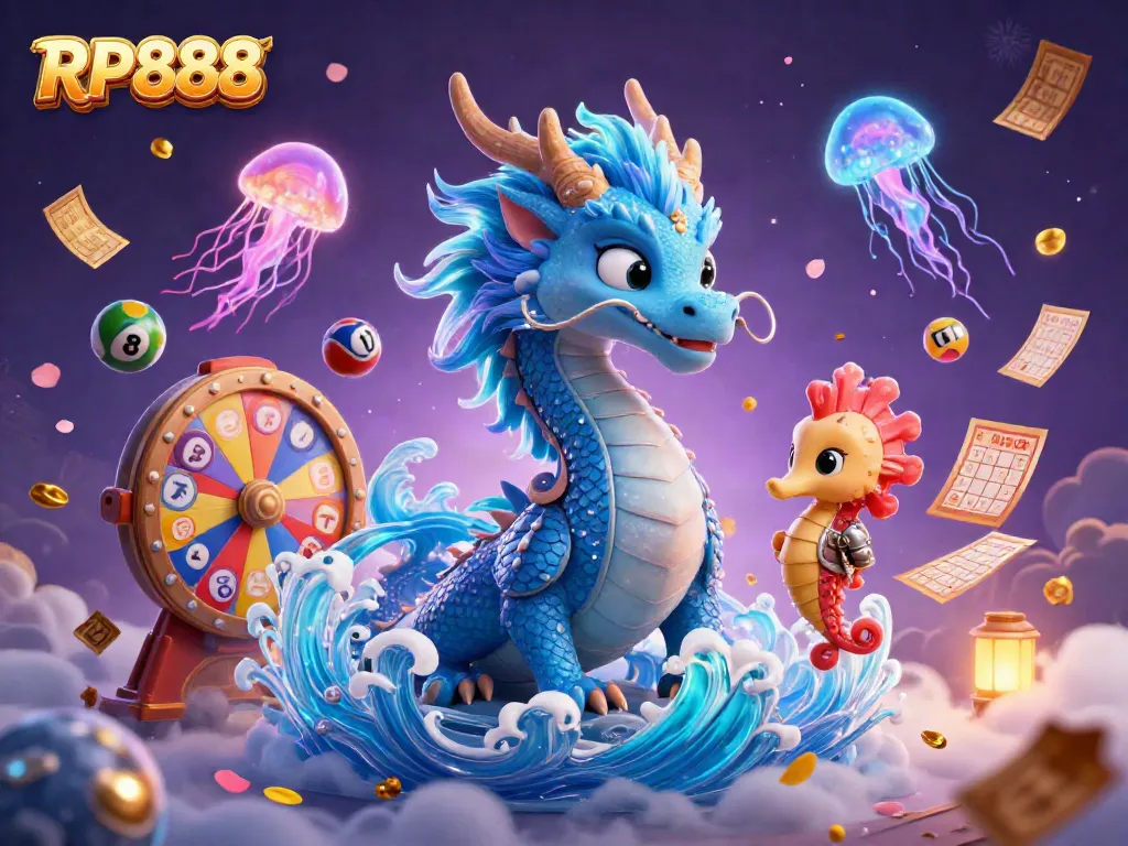 Win big with RP888 as a vibrant 3D illustration showcases a mystical dragon, seahorse knight, and colorful lottery elements.
