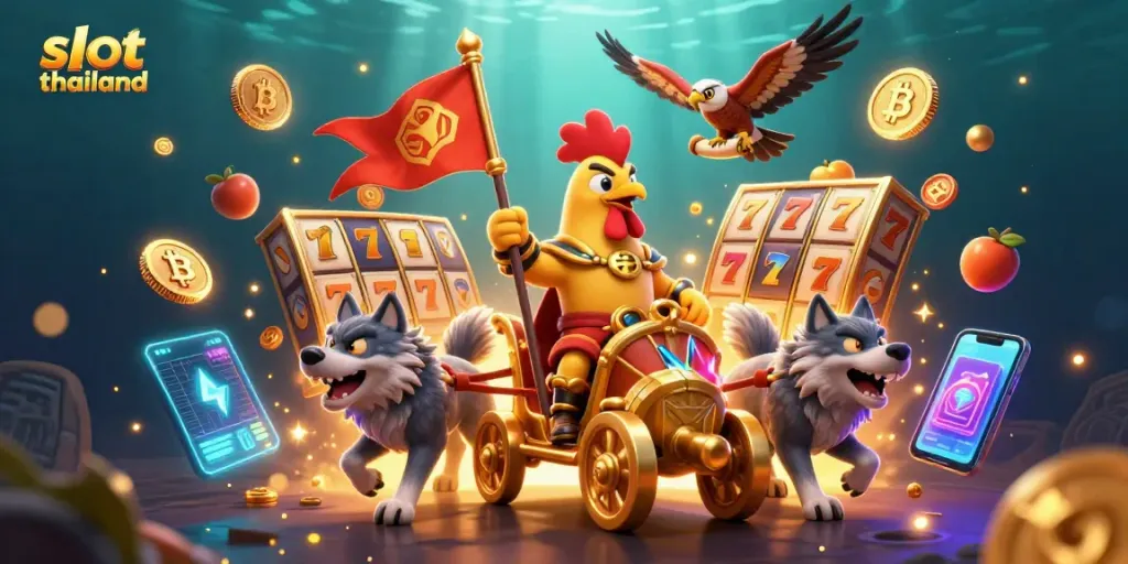 Experience the excitement of slot thailand with an epic 3D scene featuring a rooster warlord and dynamic slot elements.