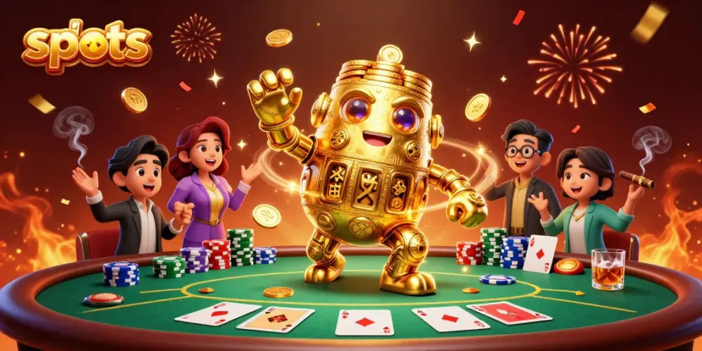 Experience thrilling slots action with a golden golem amidst poker elements and energetic visuals.