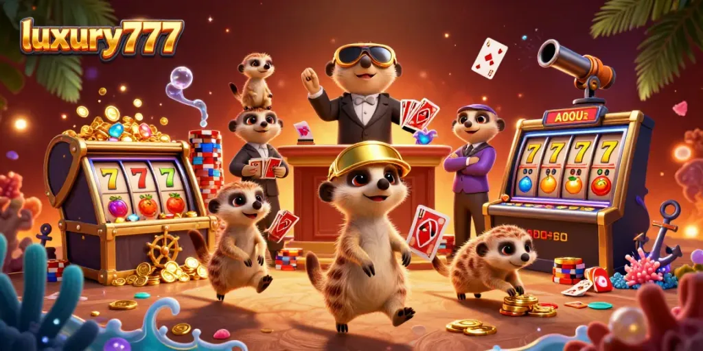 Experience luxury777's thrilling slot action with meerkats managing a vibrant casino scene.