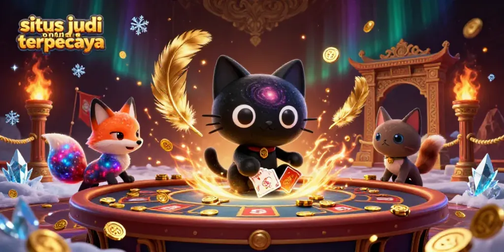 Ilustrasi kasino 3D menampilkan kucing lubang hitam menarik chip emas di 'situs judi online terpercaya'