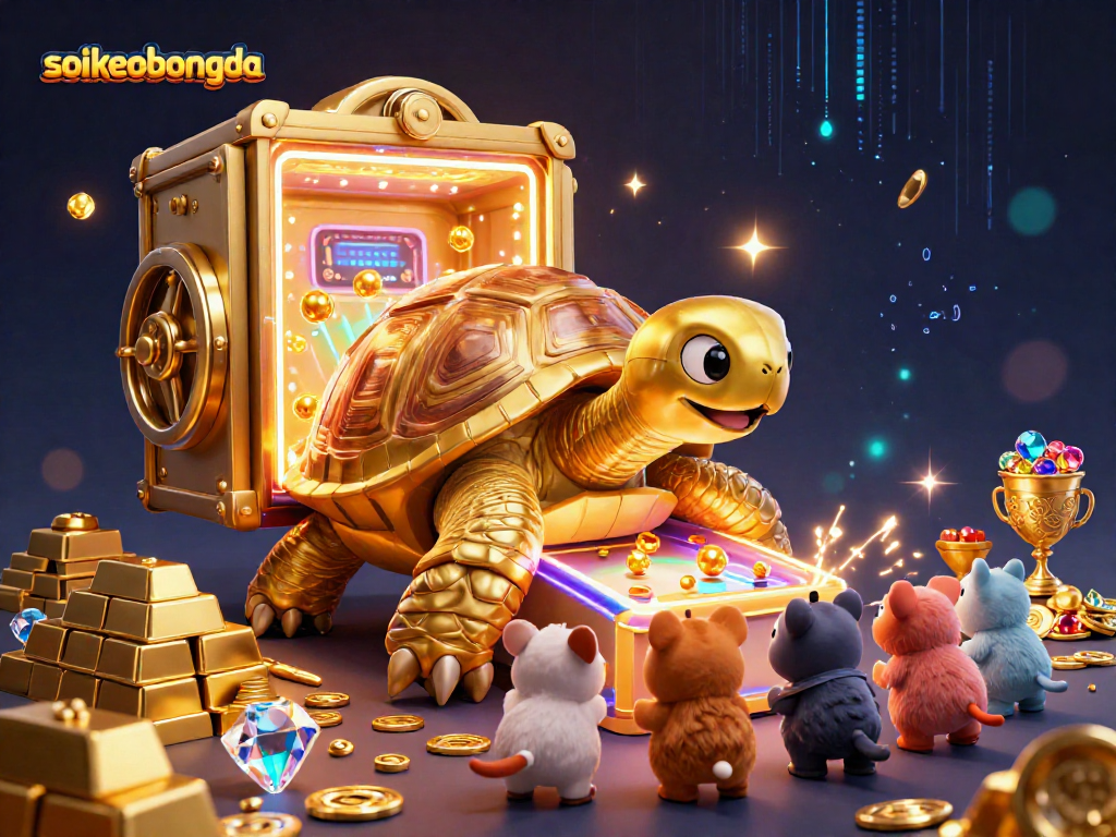 Engage in thrilling casino gameplay with soikeobongda's vibrant golden tortoise pinball scene filled with treasures.