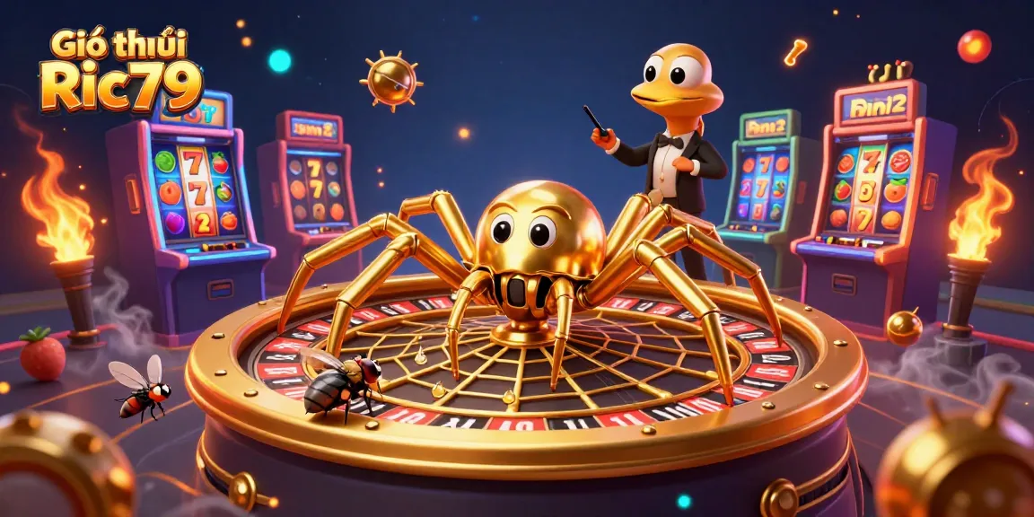 Engage with Giới thiệu Ric79, illustrated through a golden spider and dynamic slot machines in 3D.