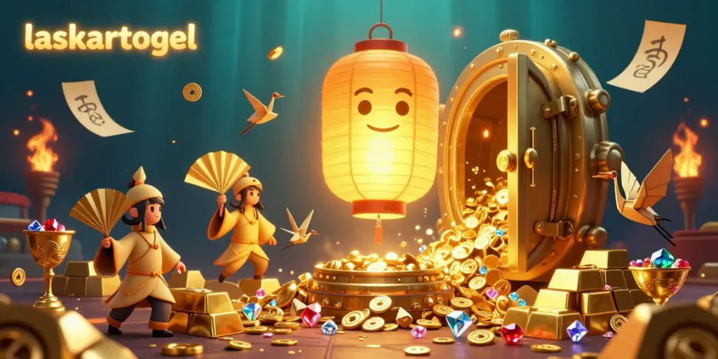 Experience the thrill of laskartogel with a vibrant 3D illustration showcasing golden lanterns and gaming treasures.
