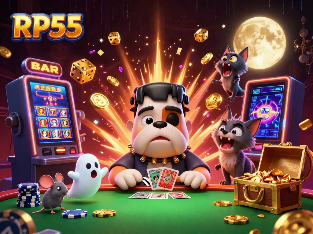 Experience thrilling gaming action with RP55, featuring a bold bulldog monster, a ghost mouse, and dynamic casino elements.