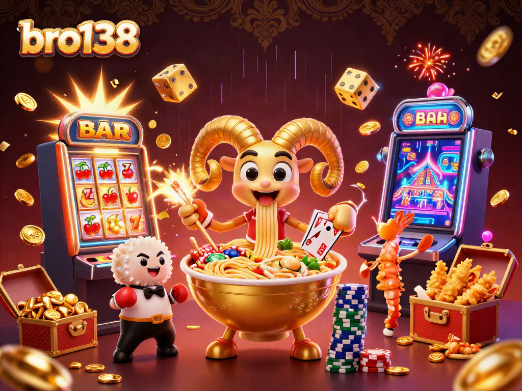 Experience the vibrant bro138 casino world with a fun 3D illustration of playful characters and exciting game elements.